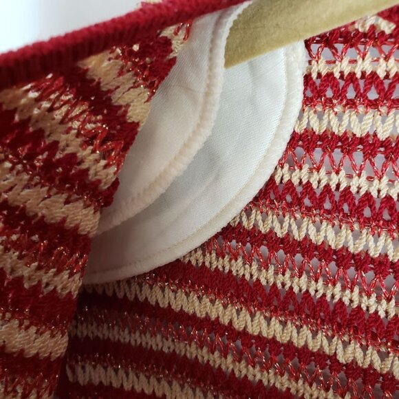 St. John Sport Holiday Cardigan Wool Blend Sweater Red Gold Stripe V-Neck XS - Picture 7 of 9